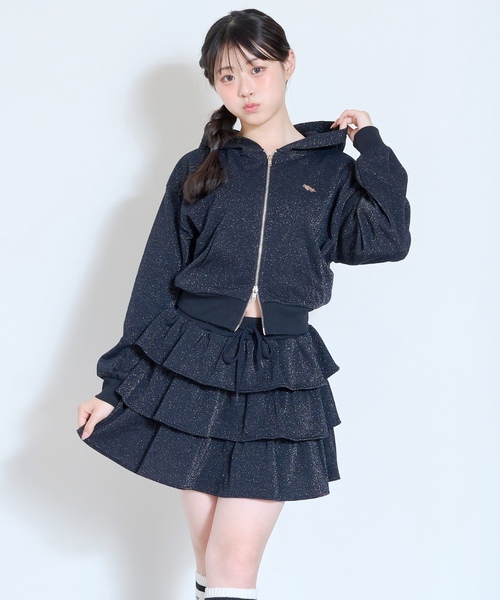 LOVETOXIC(ラブトキシック)の「【LTXC】ラメキラダブルジップパーカ ティアードセットアップ(ワンピース・キッズ・ミント/グレー/ブラック・M:150cm/S:140cm/L:160cm/130cm)」の2枚目の写真