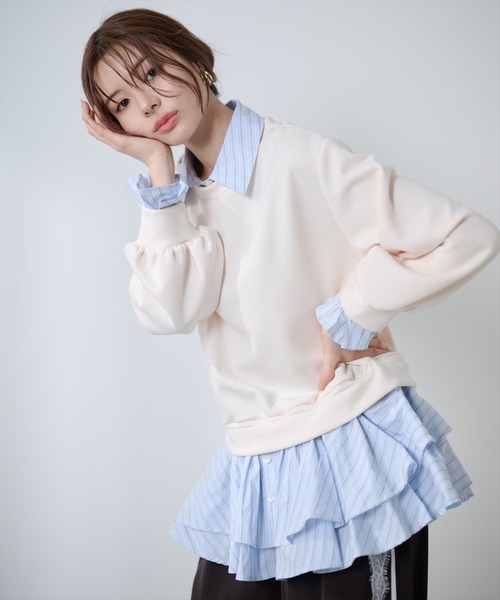 AND COUTURE(アンドクチュール)の「シャツレイヤードプルオーバー(Tシャツ/カットソー・レディース・アイボリー/ブルー/ネイビー・FREE)」の4枚目の写真