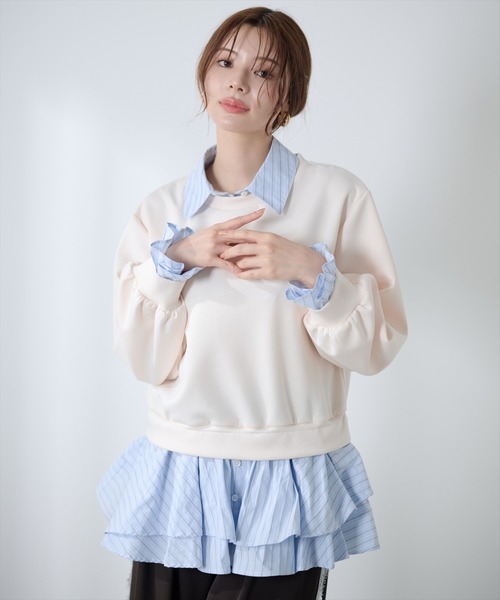 AND COUTURE(アンドクチュール)の「シャツレイヤードプルオーバー(Tシャツ/カットソー・レディース・アイボリー/ブルー/ネイビー・FREE)」の5枚目の写真