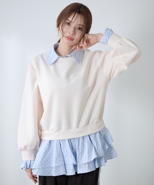 AND COUTURE(アンドクチュール)の「シャツレイヤードプルオーバー(Tシャツ/カットソー・レディース・アイボリー/ブルー/ネイビー・FREE)」の6枚目の写真