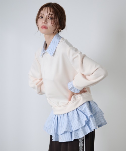 AND COUTURE(アンドクチュール)の「シャツレイヤードプルオーバー(Tシャツ/カットソー・レディース・アイボリー/ブルー/ネイビー・FREE)」の14枚目の写真