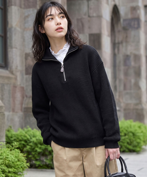 【新品】LINKABLE/デニムパフトップス/ブラック HECT】Bulky Relax Fit Half Zip Knit / バルキー リラックスフィット