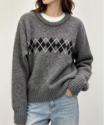 アーガイル柄クルーネックニットトップス