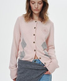 CASHMERE BLEND CARDIGAN ROUND NECK ARGYLE PUNCHING DETAIL / カシミヤ ブレンド カーディガン ラウンド ネック アーガイル パンチング ディテール