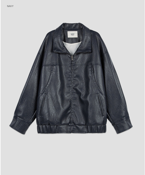 ATELIER NAIN(アトリエナイン)の「(JP-609)LEATHER HIGH NECK OVERSIZED JUMPER(ライダースジャケット・レディース・ネイビー/ブラック・FREE)」の2枚目の写真