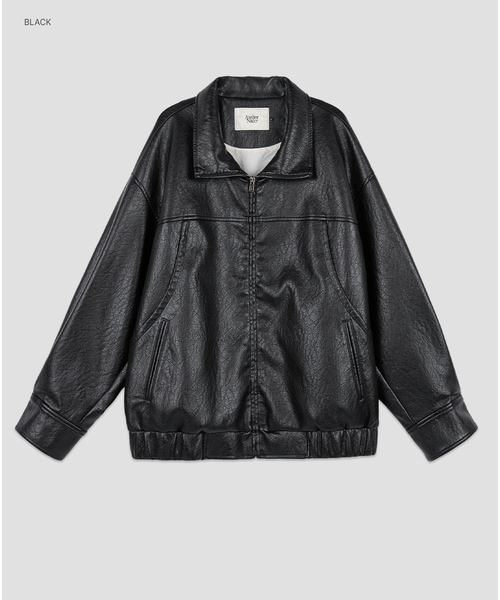 ATELIER NAIN(アトリエナイン)の「(JP-609)LEATHER HIGH NECK OVERSIZED JUMPER(ライダースジャケット・レディース・ネイビー/ブラック・FREE)」の1枚目の写真
