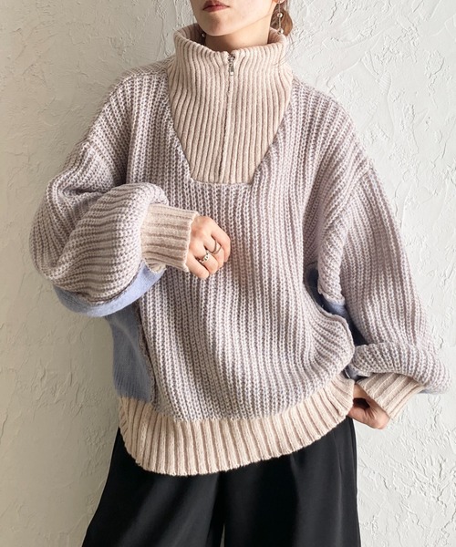 She's Closet(シーズクローゼット)の「バイカラー 配色 切替 オーバーサイズ ローゲージ ハーフジップニット(ニット/セーター・レディース・ベージュ/ブラック/ネイビー・FREE)」の3枚目の写真