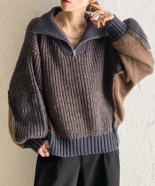 She's Closet(シーズクローゼット)の「バイカラー 配色 切替 オーバーサイズ ローゲージ ハーフジップニット(ニット/セーター・レディース・ベージュ/ブラック/ネイビー・FREE)」の1枚目の写真
