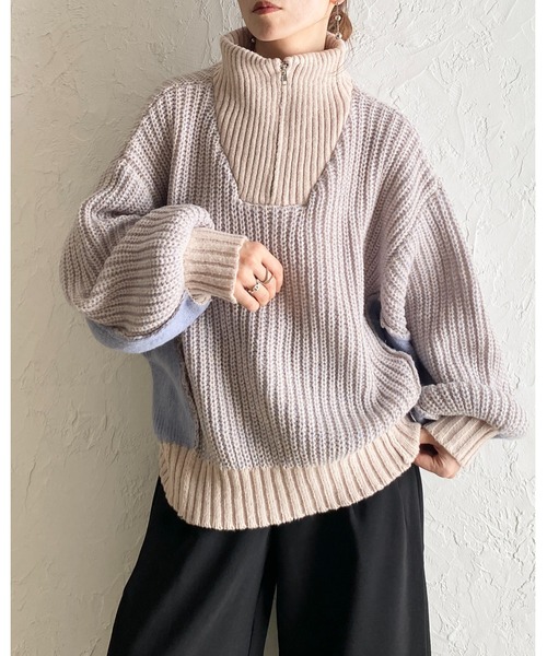 She's Closet(シーズクローゼット)の「バイカラー 配色 切替 オーバーサイズ ローゲージ ハーフジップニット(ニット/セーター・レディース・ベージュ/ブラック/ネイビー・FREE)」の10枚目の写真