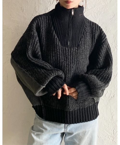 She's Closet(シーズクローゼット)の「バイカラー 配色 切替 オーバーサイズ ローゲージ ハーフジップニット(ニット/セーター・レディース・ベージュ/ブラック/ネイビー・FREE)」の13枚目の写真
