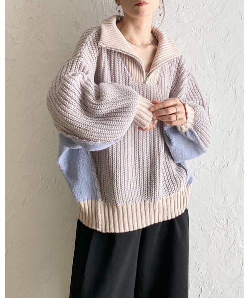 She's Closet(シーズクローゼット)の「バイカラー 配色 切替 オーバーサイズ ローゲージ ハーフジップニット(ニット/セーター・レディース・ベージュ/ブラック/ネイビー・FREE)」の16枚目の写真