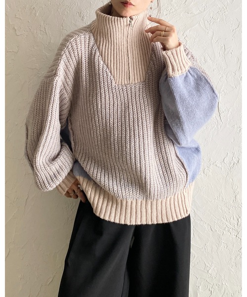 She's Closet(シーズクローゼット)の「バイカラー 配色 切替 オーバーサイズ ローゲージ ハーフジップニット(ニット/セーター・レディース・ベージュ/ブラック/ネイビー・FREE)」の17枚目の写真
