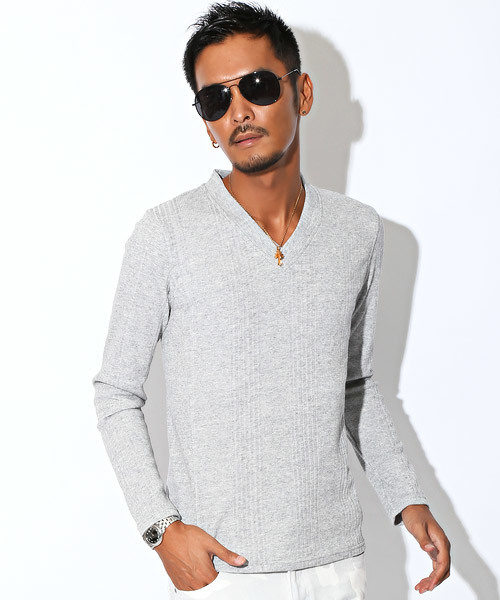 LUXSTYLE（ラグスタイル）の「ランダムテレコリブVネックロンＴ（Tシャツ/カットソー・メンズ・ブラック/ブラック系その他/ワイン/ホワイト/ブルー/杢グレー・L/M/XL/S）」の4枚目の写真