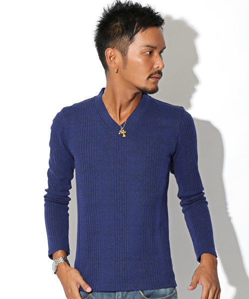 LUXSTYLE（ラグスタイル）の「ランダムテレコリブVネックロンＴ（Tシャツ/カットソー・メンズ・ブラック/ブラック系その他/ワイン/ホワイト/ブルー/杢グレー・L/M/XL/S）」の5枚目の写真