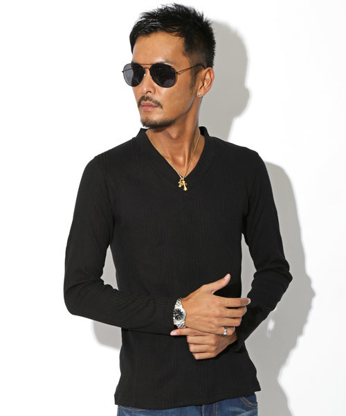 LUXSTYLE（ラグスタイル）の「ランダムテレコリブVネックロンＴ（Tシャツ/カットソー・メンズ・ブラック/ブラック系その他/ワイン/ホワイト/ブルー/杢グレー・L/M/XL/S）」の2枚目の写真