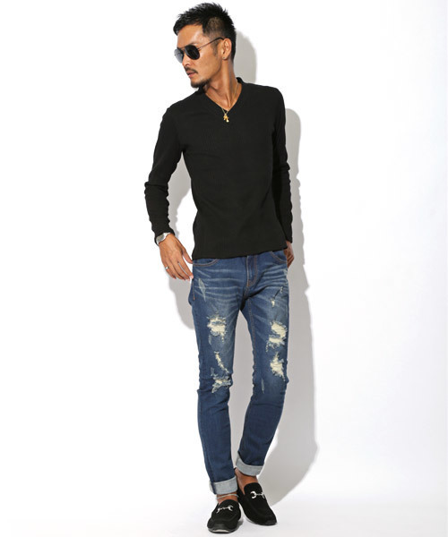 LUXSTYLE（ラグスタイル）の「ランダムテレコリブVネックロンＴ（Tシャツ/カットソー・メンズ・ブラック/ブラック系その他/ワイン/ホワイト/ブルー/杢グレー・L/M/XL/S）」の13枚目の写真