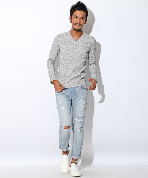 LUXSTYLE（ラグスタイル）の「ランダムテレコリブVネックロンＴ（Tシャツ/カットソー・メンズ・ブラック/ブラック系その他/ワイン/ホワイト/ブルー/杢グレー・L/M/XL/S）」の19枚目の写真