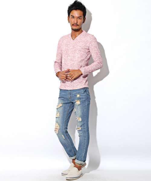 LUXSTYLE（ラグスタイル）の「ランダムテレコリブVネックロンＴ（Tシャツ/カットソー・メンズ・ブラック/ブラック系その他/ワイン/ホワイト/ブルー/杢グレー・L/M/XL/S）」の21枚目の写真