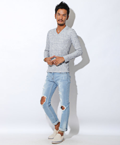 LUXSTYLE（ラグスタイル）の「ランダムテレコリブVネックロンＴ（Tシャツ/カットソー・メンズ・ブラック/ブラック系その他/ワイン/ホワイト/ブルー/杢グレー・L/M/XL/S）」の11枚目の写真