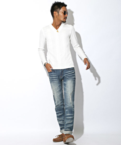 LUXSTYLE（ラグスタイル）の「ランダムテレコリブVネックロンＴ（Tシャツ/カットソー・メンズ・ブラック/ブラック系その他/ワイン/ホワイト/ブルー/杢グレー・L/M/XL/S）」の17枚目の写真