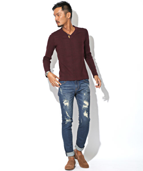 LUXSTYLE（ラグスタイル）の「ランダムテレコリブVネックロンＴ（Tシャツ/カットソー・メンズ・ブラック/ブラック系その他/ワイン/ホワイト/ブルー/杢グレー・L/M/XL/S）」の7枚目の写真