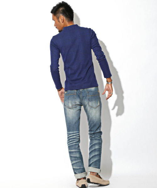 LUXSTYLE（ラグスタイル）の「ランダムテレコリブVネックロンＴ（Tシャツ/カットソー・メンズ・ブラック/ブラック系その他/ワイン/ホワイト/ブルー/杢グレー・L/M/XL/S）」の9枚目の写真