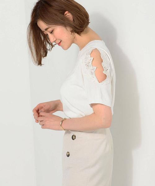 Jewel Changes（ジュエルチェンジズ）の「〓JOC オープン/スリーブ シシュウレース プルオーバー（ニット/セーター・レディース・ホワイト/ダークグリーン/イエロー・FREE）」の2枚目の写真