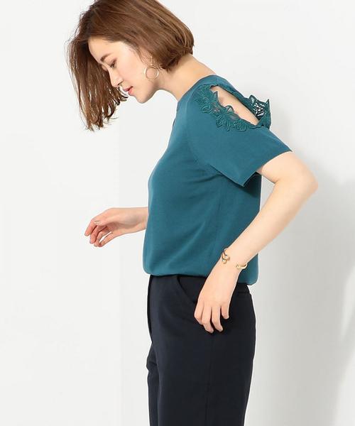 Jewel Changes（ジュエルチェンジズ）の「〓JOC オープン/スリーブ シシュウレース プルオーバー（ニット/セーター・レディース・ホワイト/ダークグリーン/イエロー・FREE）」の3枚目の写真