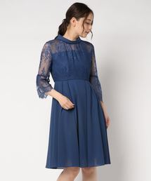 ロールカラー レース切替シフォンワンピースドレス
