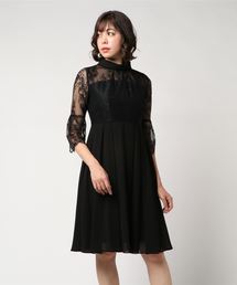 ロールカラー　レース切替シフォンワンピースドレス