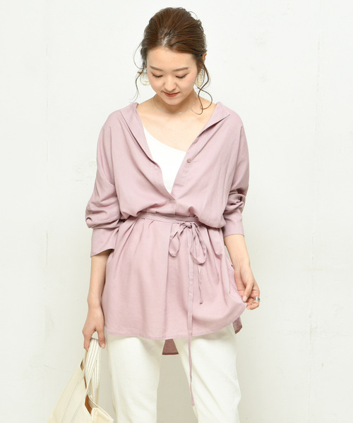 DouDou（ドゥドゥ）の「ウエストベルトシャツ（シャツ/ブラウス・レディース・ホワイト/ダークブラウン/ベージュ/ピンク/ブラック・FREE）」の5枚目の写真