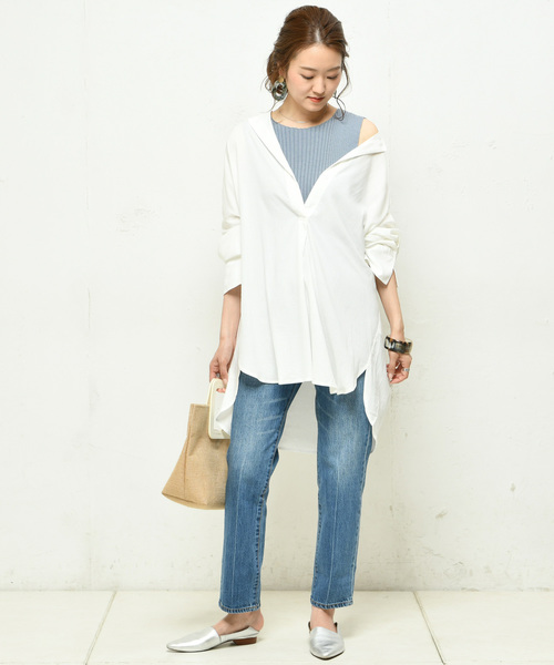 DouDou（ドゥドゥ）の「ウエストベルトシャツ（シャツ/ブラウス・レディース・ホワイト/ダークブラウン/ベージュ/ピンク/ブラック・FREE）」の9枚目の写真