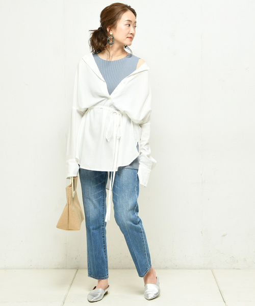 DouDou（ドゥドゥ）の「ウエストベルトシャツ（シャツ/ブラウス・レディース・ホワイト/ダークブラウン/ベージュ/ピンク/ブラック・FREE）」の22枚目の写真