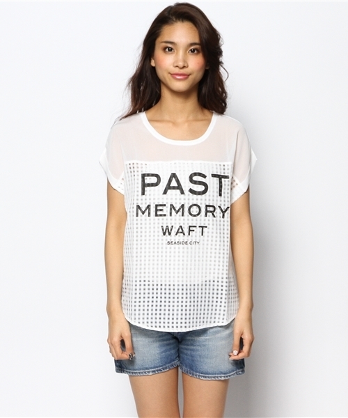 one after another NICE CLAUP（ワンアフターアナザーナイスクラップ）の「【ナイスクラップ】異素材ﾛｺﾞﾌﾟﾙｵｰﾊﾞｰ（Tシャツ/カットソー・レディース・ネイビー/オフホワイト・FREE）」の6枚目の写真