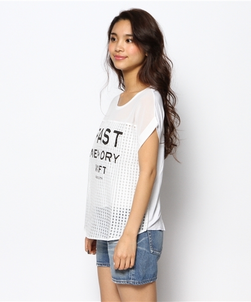 one after another NICE CLAUP（ワンアフターアナザーナイスクラップ）の「【ナイスクラップ】異素材ﾛｺﾞﾌﾟﾙｵｰﾊﾞｰ（Tシャツ/カットソー・レディース・ネイビー/オフホワイト・FREE）」の5枚目の写真