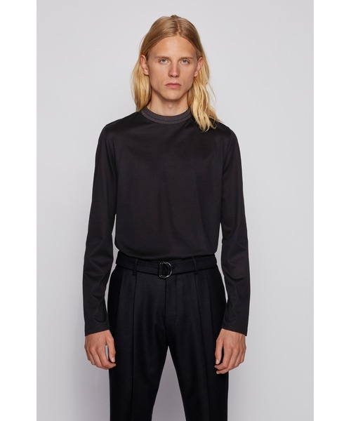 BOSS(ボス)の「スリムフィットTシャツ コットン 織り柄入りカラー(Tシャツ/カットソー・メンズ・ブラック・S/L/M/XL)」の1枚目の写真