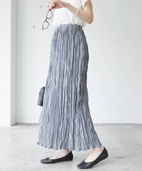 BONLECILL（ボンルシール）の「スパンブロード クリンクル ワッシャー ロングスカート（スカート・レディース・ベージュ/ブルー/チャコール・FREE）」の12枚目の写真