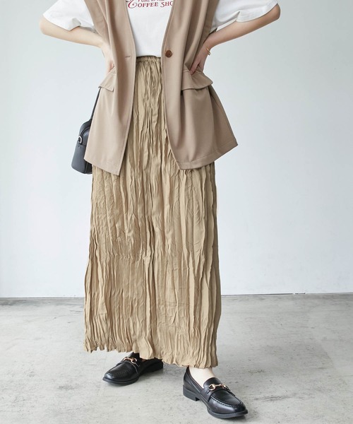 BONLECILL（ボンルシール）の「スパンブロード クリンクル ワッシャー ロングスカート（スカート・レディース・ベージュ/ブルー/チャコール・FREE）」の7枚目の写真