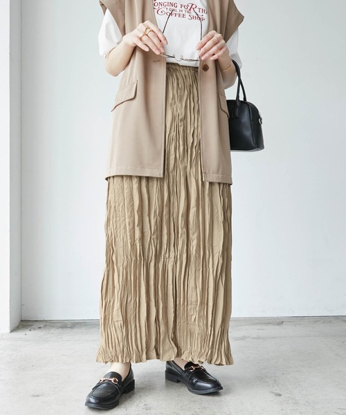 BONLECILL（ボンルシール）の「スパンブロード クリンクル ワッシャー ロングスカート（スカート・レディース・ベージュ/ブルー/チャコール・FREE）」の4枚目の写真