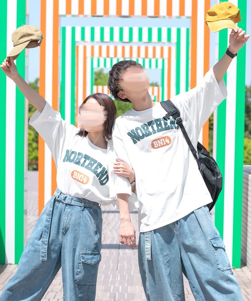 PairPair（ペアペア）の「NORTHENDカレッジビッグT(ユニセックス)（Tシャツ/カットソー・レディース・スミクロ/グリーン/オフホワイト・FREE）」の14枚目の写真