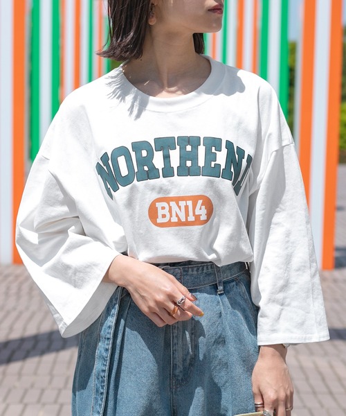 PairPair（ペアペア）の「NORTHENDカレッジビッグT(ユニセックス)（Tシャツ/カットソー・レディース・スミクロ/グリーン/オフホワイト・FREE）」の17枚目の写真