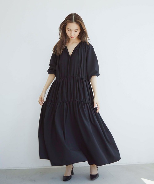 RANDEBOO ワンピース RANDEBOO ランデブー ワンピース 半袖 プリーツ ライン ブラック