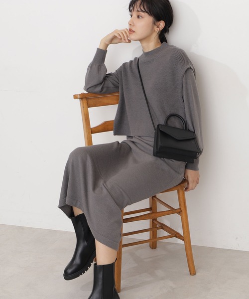 NATURAL BEAUTY BASIC(ナチュラルビューティーベーシック)の「ベストレイヤードニットワンピース(ワンピース・レディース・グレー/オフホワイト/ピンク・MEDIUM)」の1枚目の写真