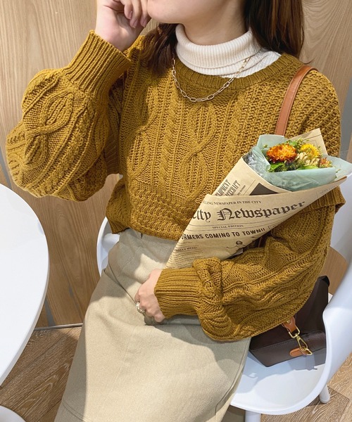 apres jour(アプレジュール)の「マルチwayパッチワークケーブルニット【ZOZOTOWN限定アイテム】(ニット/セーター・レディース・ブラック/グリーン/アイボリー/マスタード/ダークブルー・X-LARGE/フリー)」の5枚目の写真