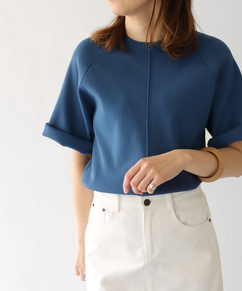 HER CLOSET（ハークローゼット）の「【shemoshelly】スウェットライクダンボールニットアウトリンキングプルオーバー（ニット/セーター・レディース・ネイビー/オフホワイト/オレンジ/マスタード・M）」の3枚目の写真