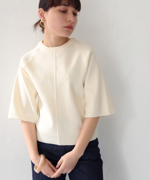 HER CLOSET（ハークローゼット）の「【shemoshelly】スウェットライクダンボールニットアウトリンキングプルオーバー（ニット/セーター・レディース・ネイビー/オフホワイト/オレンジ/マスタード・M）」の2枚目の写真