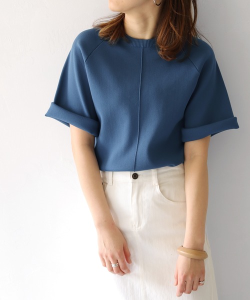 HER CLOSET（ハークローゼット）の「【shemoshelly】スウェットライクダンボールニットアウトリンキングプルオーバー（ニット/セーター・レディース・ネイビー/オフホワイト/オレンジ/マスタード・M）」の5枚目の写真