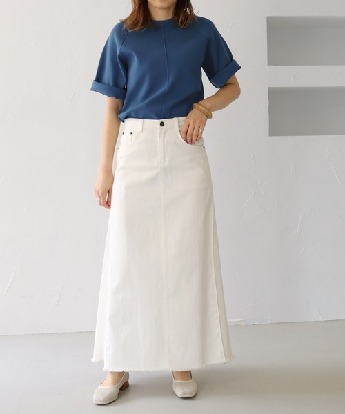 HER CLOSET（ハークローゼット）の「【shemoshelly】スウェットライクダンボールニットアウトリンキングプルオーバー（ニット/セーター・レディース・ネイビー/オフホワイト/オレンジ/マスタード・M）」の7枚目の写真