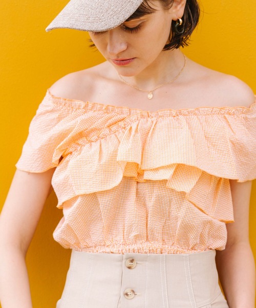 Cheek(チーク)の「ラッフルクロスブラウス(シャツ/ブラウス・レディース・オレンジ/グリーン/ホワイト×ブラック・MEDIUM)」の11枚目の写真