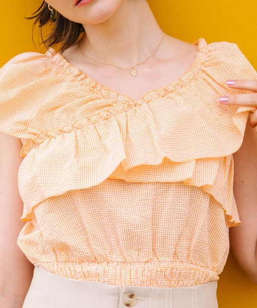 Cheek(チーク)の「ラッフルクロスブラウス(シャツ/ブラウス・レディース・オレンジ/グリーン/ホワイト×ブラック・MEDIUM)」の14枚目の写真
